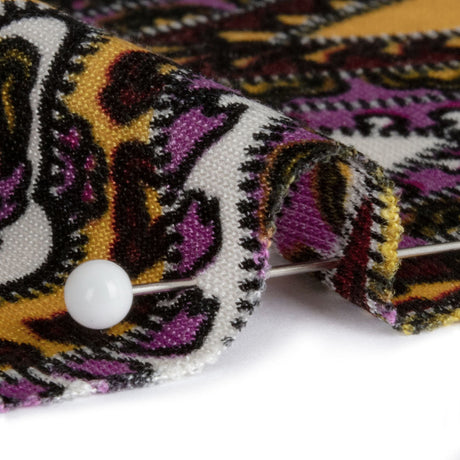 Pink, Purple and Black Paisley Stripes with Geometric Borders Printed Silk Jersey