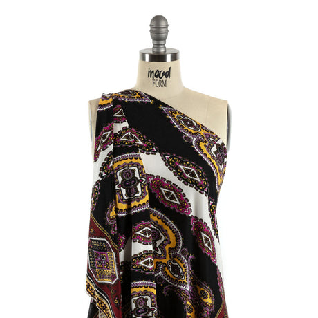 Pink, Purple and Black Paisley Stripes with Geometric Borders Printed Silk Jersey