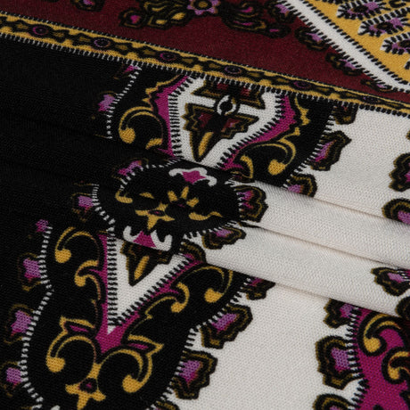 Pink, Purple and Black Paisley Stripes with Geometric Borders Printed Silk Jersey