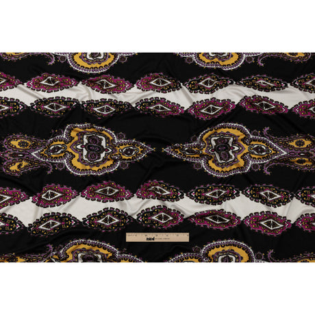 Pink, Purple and Black Paisley Stripes with Geometric Borders Printed Silk Jersey