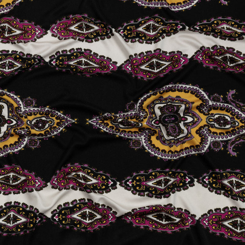 Pink, Purple and Black Paisley Stripes with Geometric Borders Printed Silk Jersey