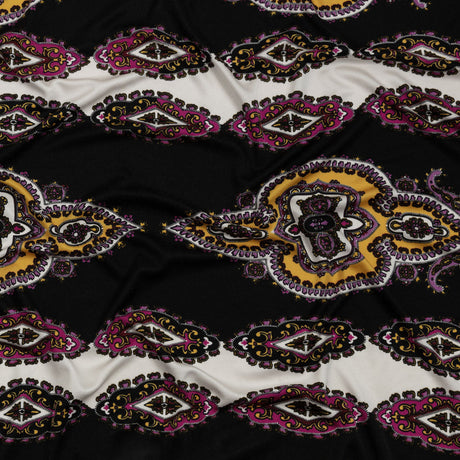 Pink, Purple and Black Paisley Stripes with Geometric Borders Printed Silk Jersey