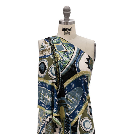 Blue, Olive and Black Abstract Maps Silk Jersey