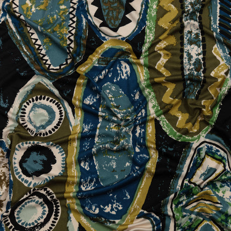 Blue, Olive and Black Abstract Maps Silk Jersey