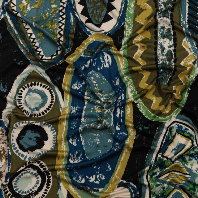 Blue, Olive and Black Abstract Maps Silk Jersey