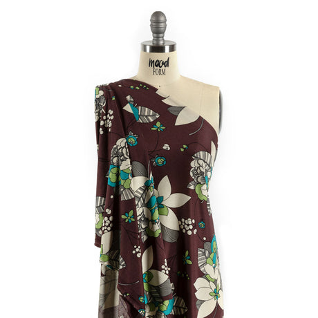 Chocolate, Teal and Cream Floral Silk Jersey