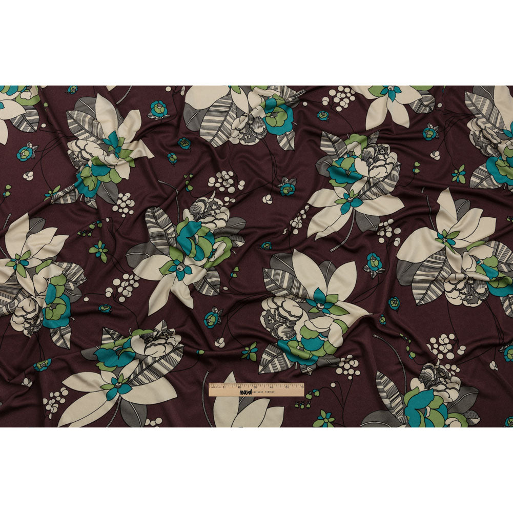Chocolate, Teal and Cream Floral Silk Jersey