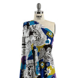 Blue, Golden Olive and Black Flowers and Animal Sketches Silk Jersey