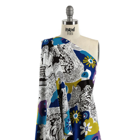 Blue, Golden Olive and Black Flowers and Animal Sketches Silk Jersey
