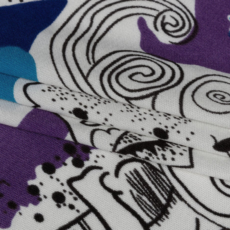 Blue, Golden Olive and Black Flowers and Animal Sketches Silk Jersey