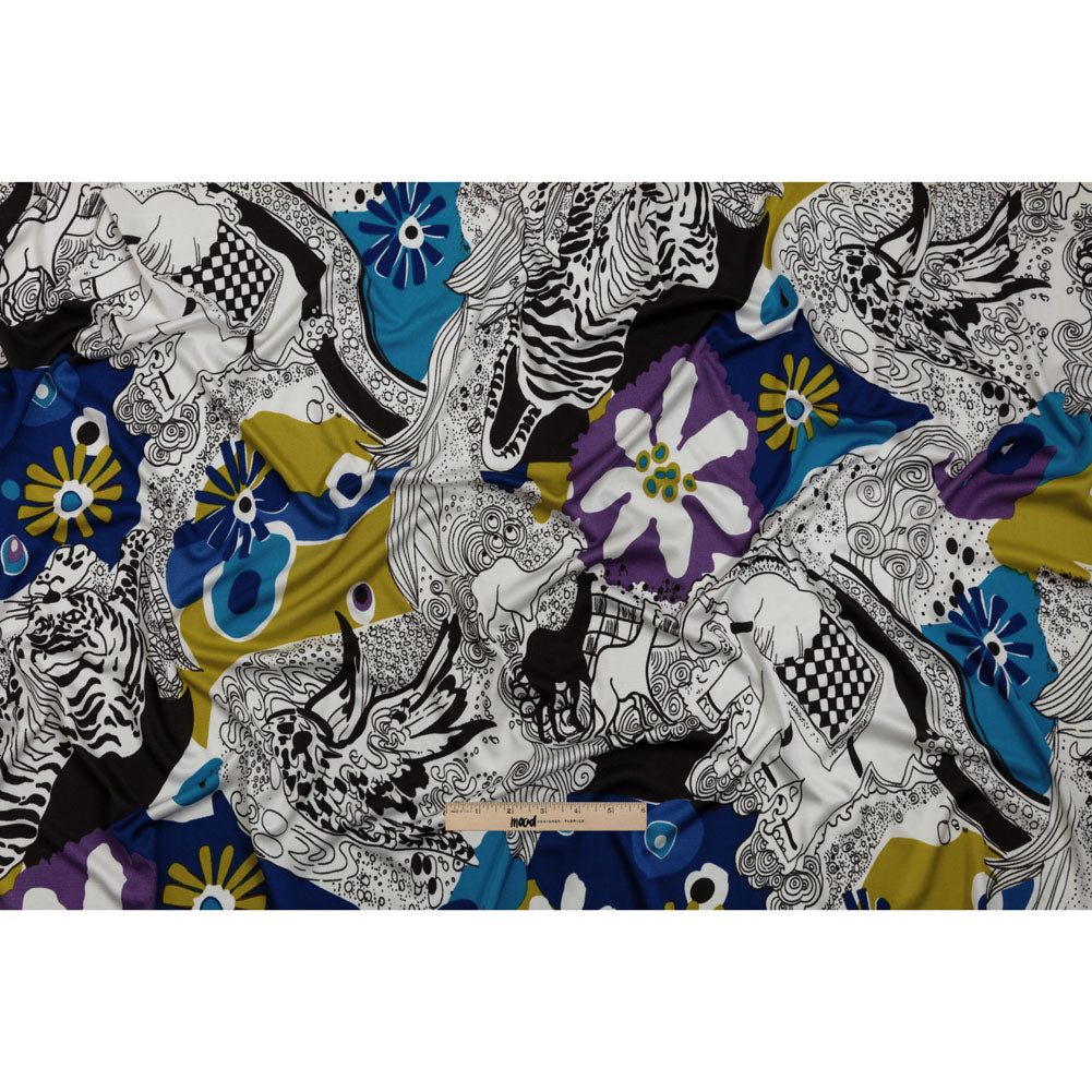 Blue, Golden Olive and Black Flowers and Animal Sketches Silk Jersey