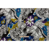 Blue, Golden Olive and Black Flowers and Animal Sketches Silk Jersey