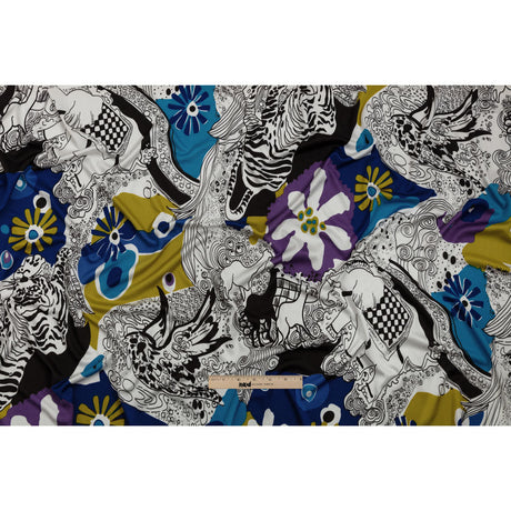 Blue, Golden Olive and Black Flowers and Animal Sketches Silk Jersey