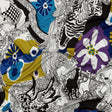 Blue, Golden Olive and Black Flowers and Animal Sketches Silk Jersey