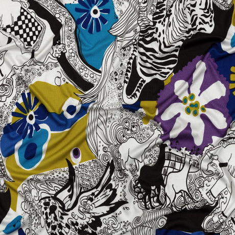 Blue, Golden Olive and Black Flowers and Animal Sketches Silk Jersey