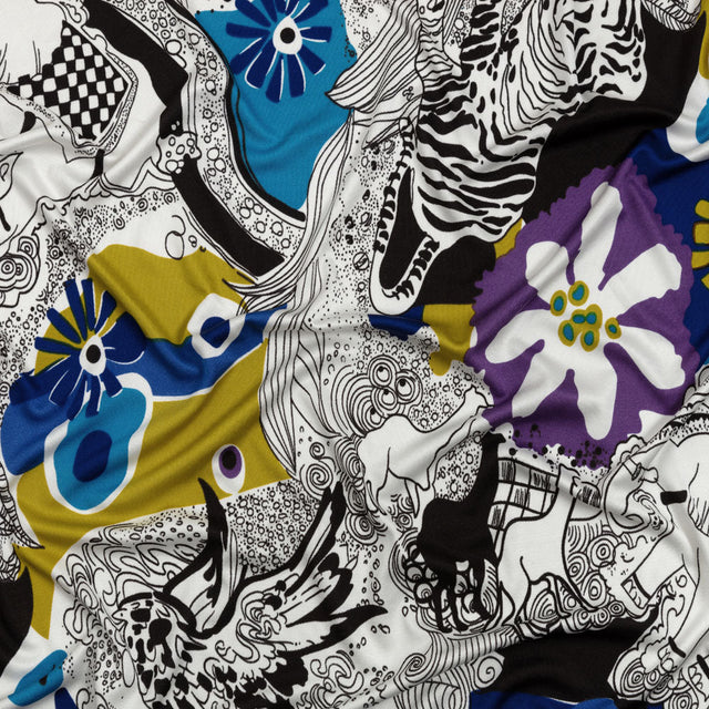 Blue, Golden Olive and Black Flowers and Animal Sketches Silk Jersey