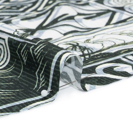 Viscose Woven Print - Black, White and Pale Blue Leaf and Geometric Patchwork - Mood Exclusive Mahiole of Maui