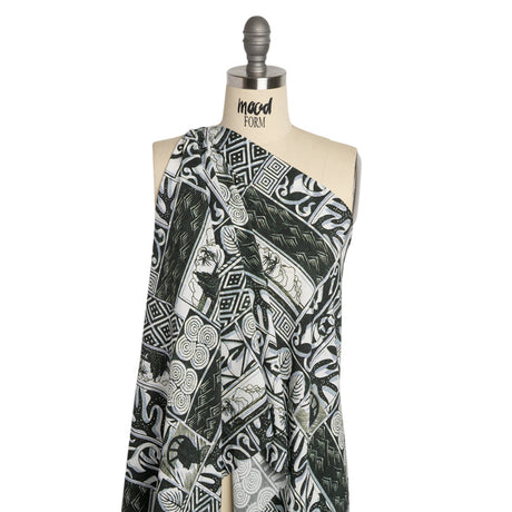 Viscose Woven Print - Black, White and Pale Blue Leaf and Geometric Patchwork - Mood Exclusive Mahiole of Maui