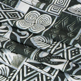 Viscose Woven Print - Black, White and Pale Blue Leaf and Geometric Patchwork - Mood Exclusive Mahiole of Maui