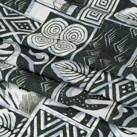 Viscose Woven Print - Black, White and Pale Blue Leaf and Geometric Patchwork - Mood Exclusive Mahiole of Maui