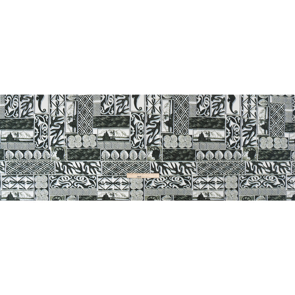 Viscose Woven Print - Black, White and Pale Blue Leaf and Geometric Patchwork - Mood Exclusive Mahiole of Maui