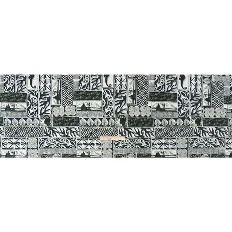 Viscose Woven Print - Black, White and Pale Blue Leaf and Geometric Patchwork - Mood Exclusive Mahiole of Maui