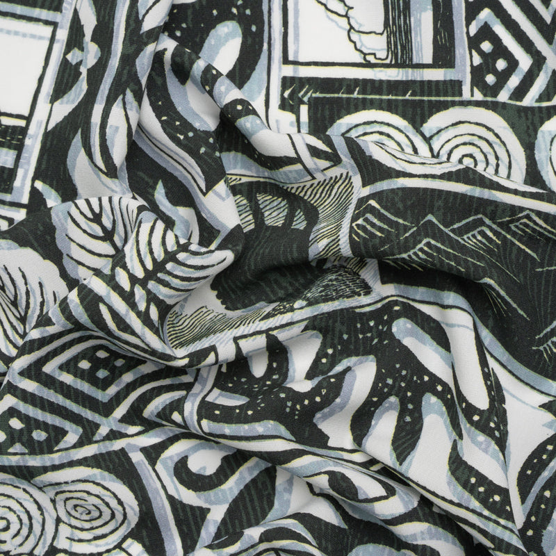Viscose Woven Print - Black, White and Pale Blue Leaf and Geometric Patchwork - Mood Exclusive Mahiole of Maui