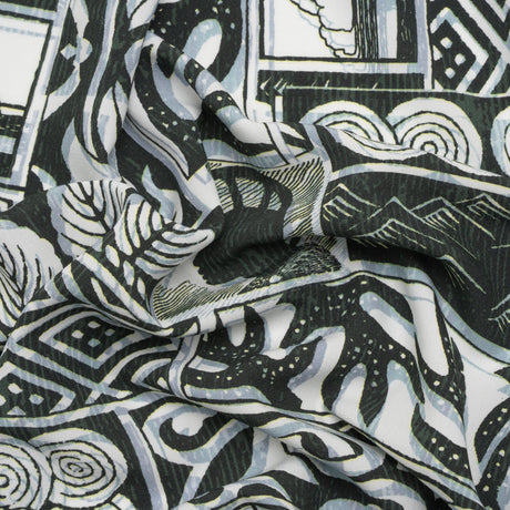 Viscose Woven Print - Black, White and Pale Blue Leaf and Geometric Patchwork - Mood Exclusive Mahiole of Maui