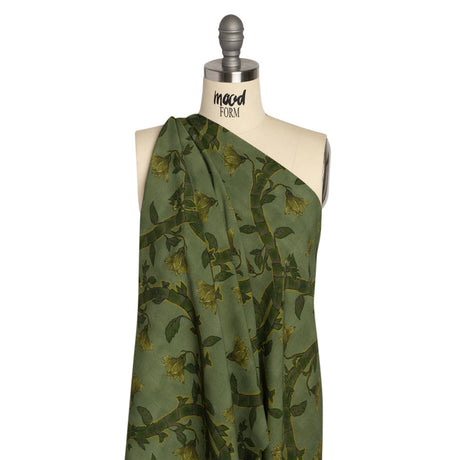 Sustainable Viscose Crepe Print - Green Floral Ogee Lattice - Mood Exclusive Intertwined Vines