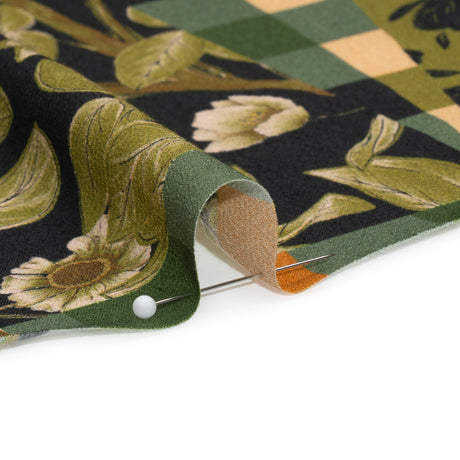 Sustainable Viscose Crepe Panel - Green and Brown Checks and Floral Patchwork - Mood Exclusive Earth's Gifts