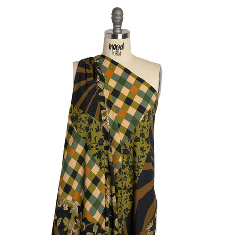 Sustainable Viscose Crepe Panel - Green and Brown Checks and Floral Patchwork - Mood Exclusive Earth's Gifts
