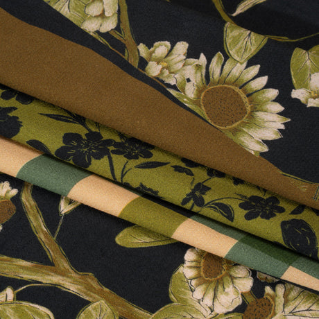 Sustainable Viscose Crepe Panel - Green and Brown Checks and Floral Patchwork - Mood Exclusive Earth's Gifts