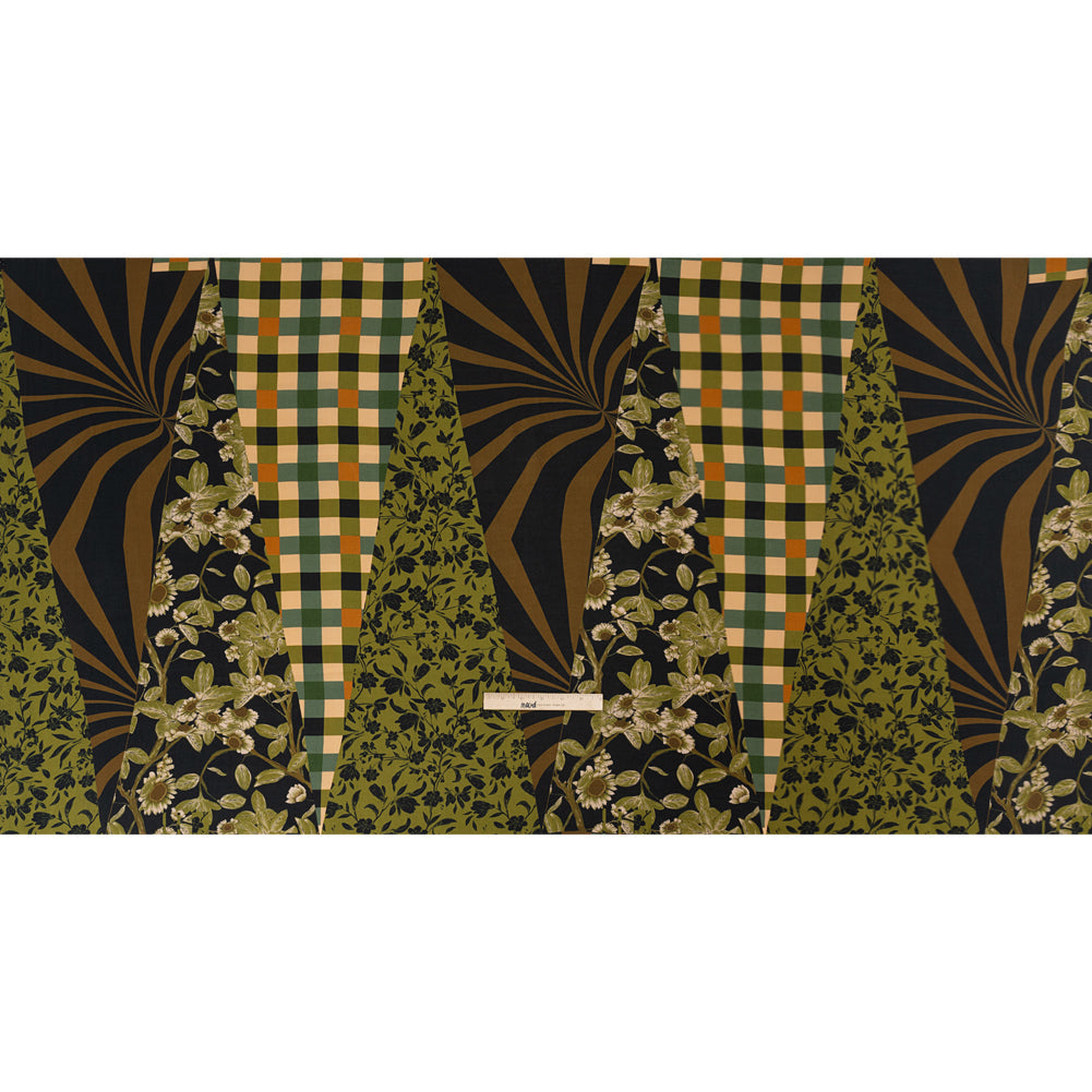 Sustainable Viscose Crepe Panel - Green and Brown Checks and Floral Patchwork - Mood Exclusive Earth's Gifts