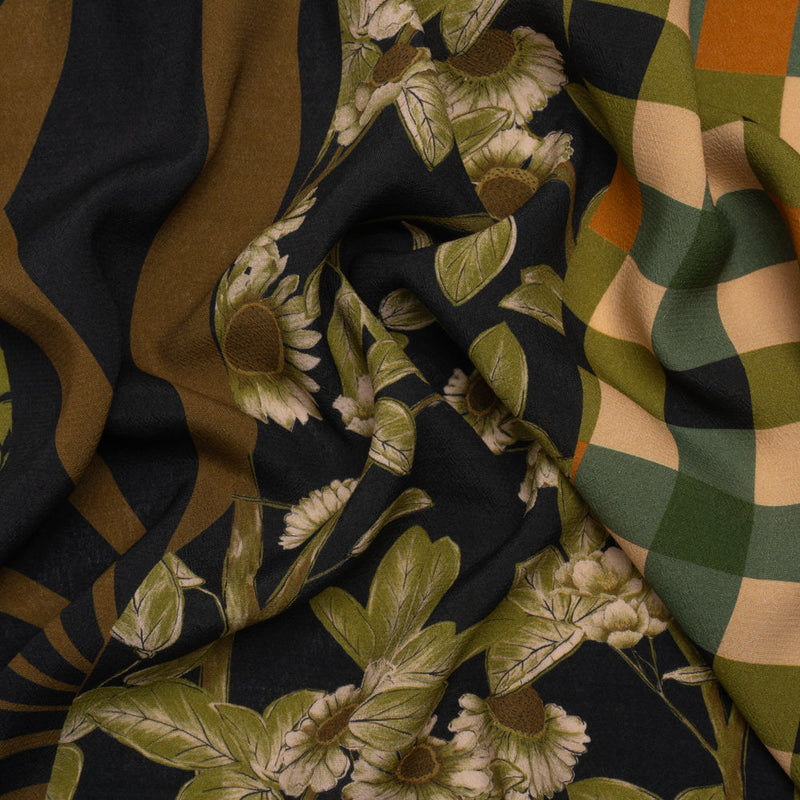 Sustainable Viscose Crepe Panel - Green and Brown Checks and Floral Patchwork - Mood Exclusive Earth's Gifts