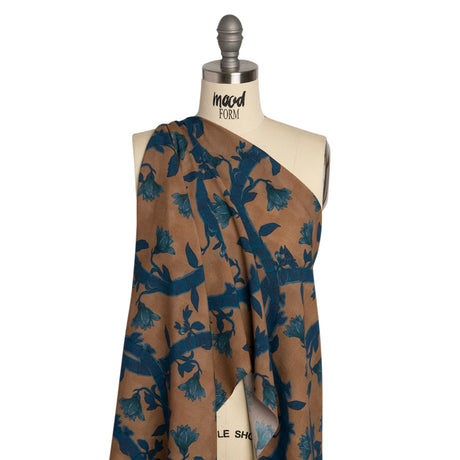 Sustainable Viscose Crepe Print - Blue and Brown Floral Ogee Lattice - Mood Exclusive Intertwined Vines