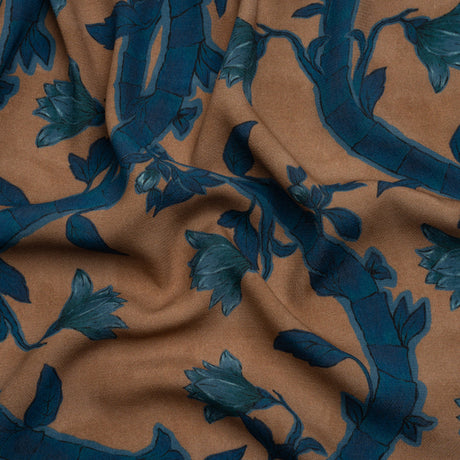 Sustainable Viscose Crepe Print - Blue and Brown Floral Ogee Lattice - Mood Exclusive Intertwined Vines