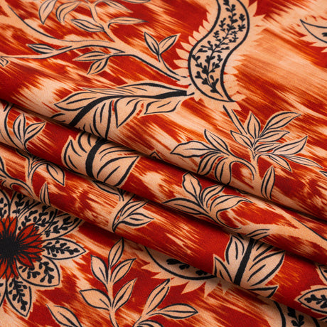 Stretch Polyester Woven Print - Red Florals on Abstract Ikat - Mood Exclusive Rambling Brambles