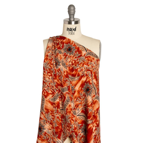 Stretch Polyester Woven Print - Red Florals on Abstract Ikat - Mood Exclusive Rambling Brambles