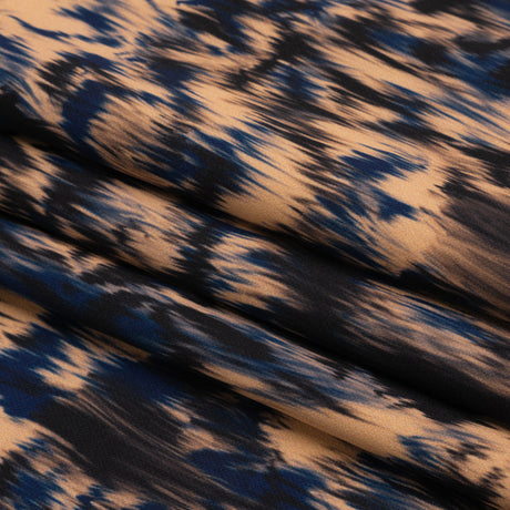 Stretch Polyester Woven Print - Blue and Beige Abstract Ikat - Mood Exclusive Shifting Sands