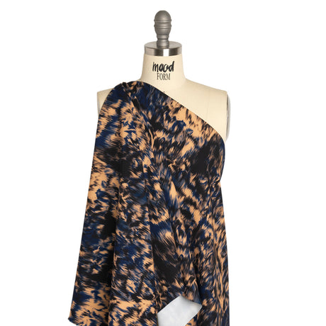 Stretch Polyester Woven Print - Blue and Beige Abstract Ikat - Mood Exclusive Shifting Sands