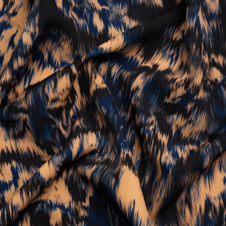 Stretch Polyester Woven Print - Blue and Beige Abstract Ikat - Mood Exclusive Shifting Sands