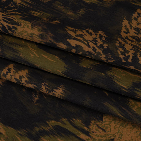 Stretch Polyester Woven Print - Black, Green and Brown Abstract Ikat - Mood Exclusive Brown Sugar Morning