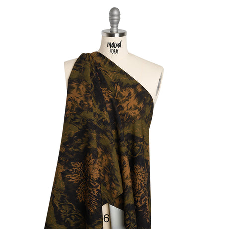 Stretch Polyester Woven Print - Black, Green and Brown Abstract Ikat - Mood Exclusive Brown Sugar Morning
