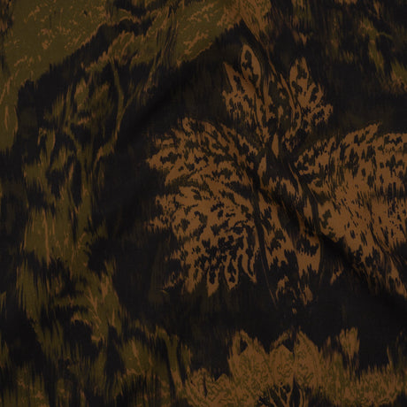 Stretch Polyester Woven Print - Black, Green and Brown Abstract Ikat - Mood Exclusive Brown Sugar Morning