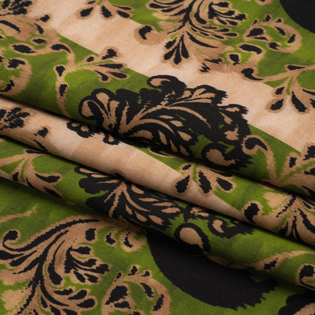 Stretch Polyester Woven Print - Green and Beige Leafy Stripes - Mood Exclusive Estate on Willow