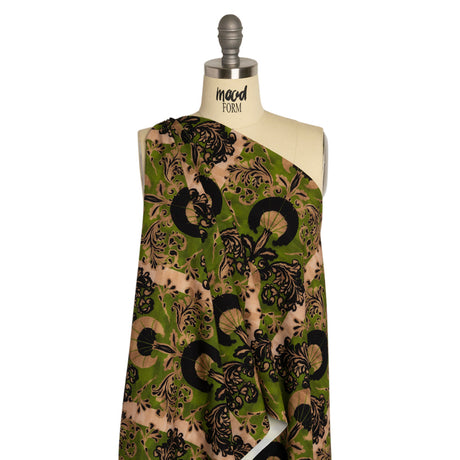 Stretch Polyester Woven Print - Green and Beige Leafy Stripes - Mood Exclusive Estate on Willow