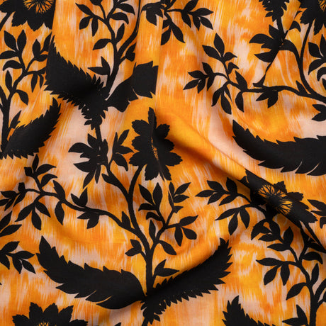 Stretch Polyester Woven Print - Yellow Florals on Abstract Ikat - Mood Exclusive Rambling Brambles