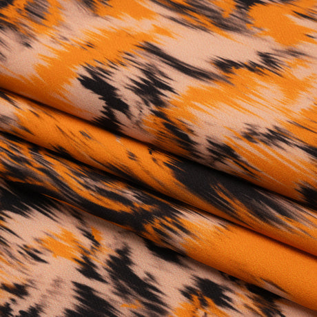 Stretch Polyester Woven Print - Orange and Black Abstract Ikat - Mood Exclusive Shifting Sands