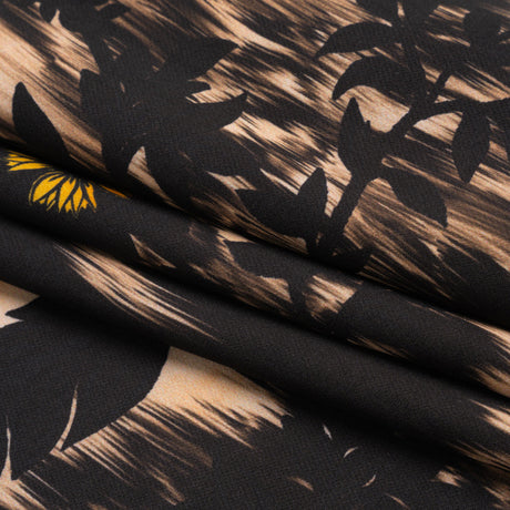 Stretch Polyester Woven Print - Black Florals on Abstract Ikat - Mood Exclusive Rambling Brambles