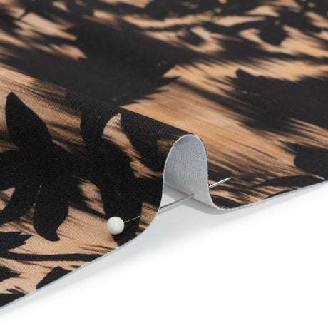Stretch Polyester Woven Print - Black Florals on Abstract Ikat - Mood Exclusive Rambling Brambles